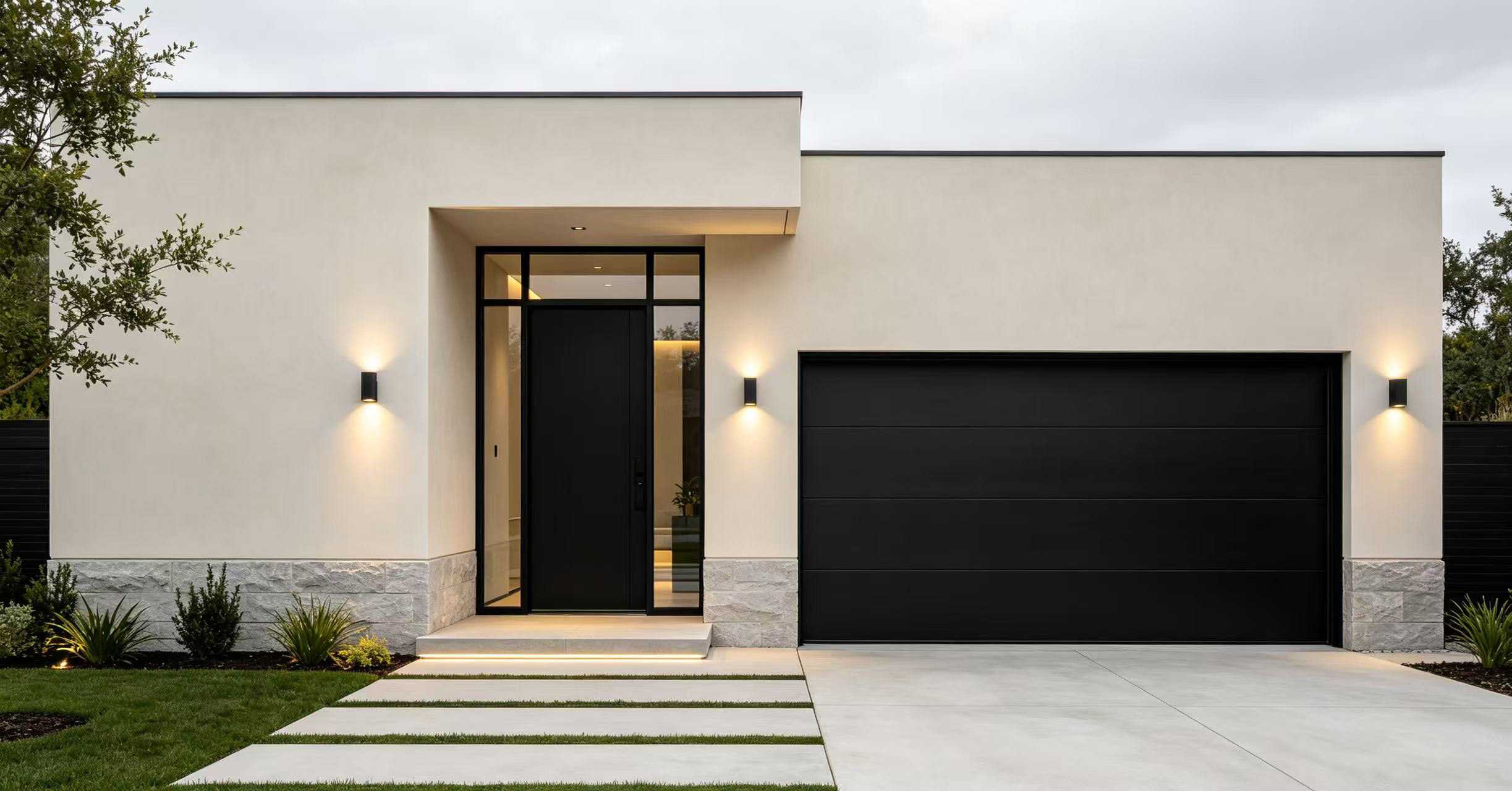 Cohesive Home Curb Appeal: Modern Aluminum Entry Door & Garage Door Integrated Design