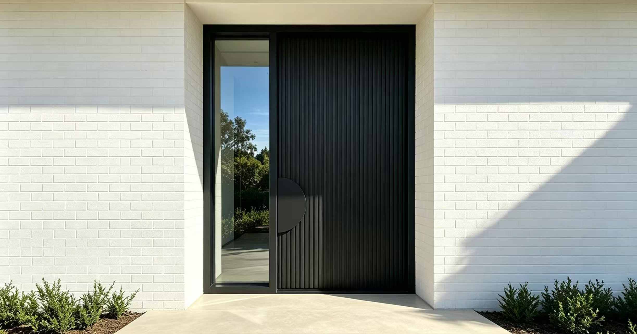 Cas d'installation de villa en Australie | Porte pivotante décalée en aluminium cannelé noir mat