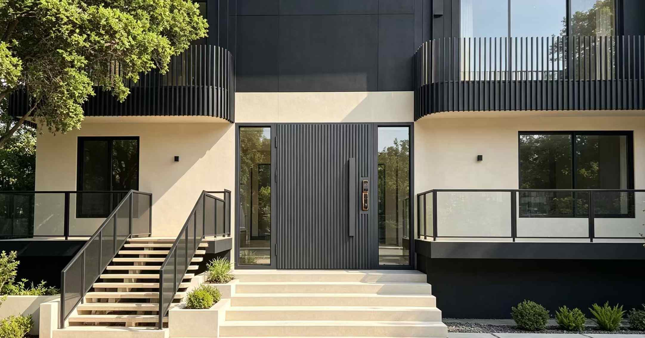 Avis client de Melbourne | La porte d'entrée en aluminium gris Monument métamorphose la façade de notre villa moderne