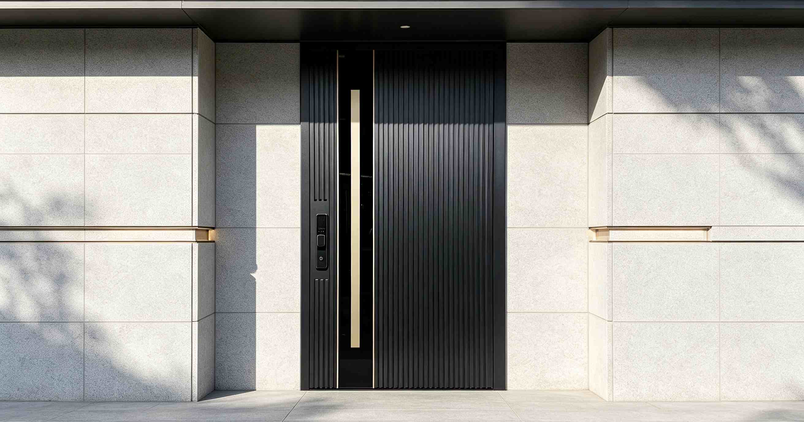 Projet de porte d'entrée sur mesure en aluminium et verre noir pour une villa moderne australienne | Poignée dorée