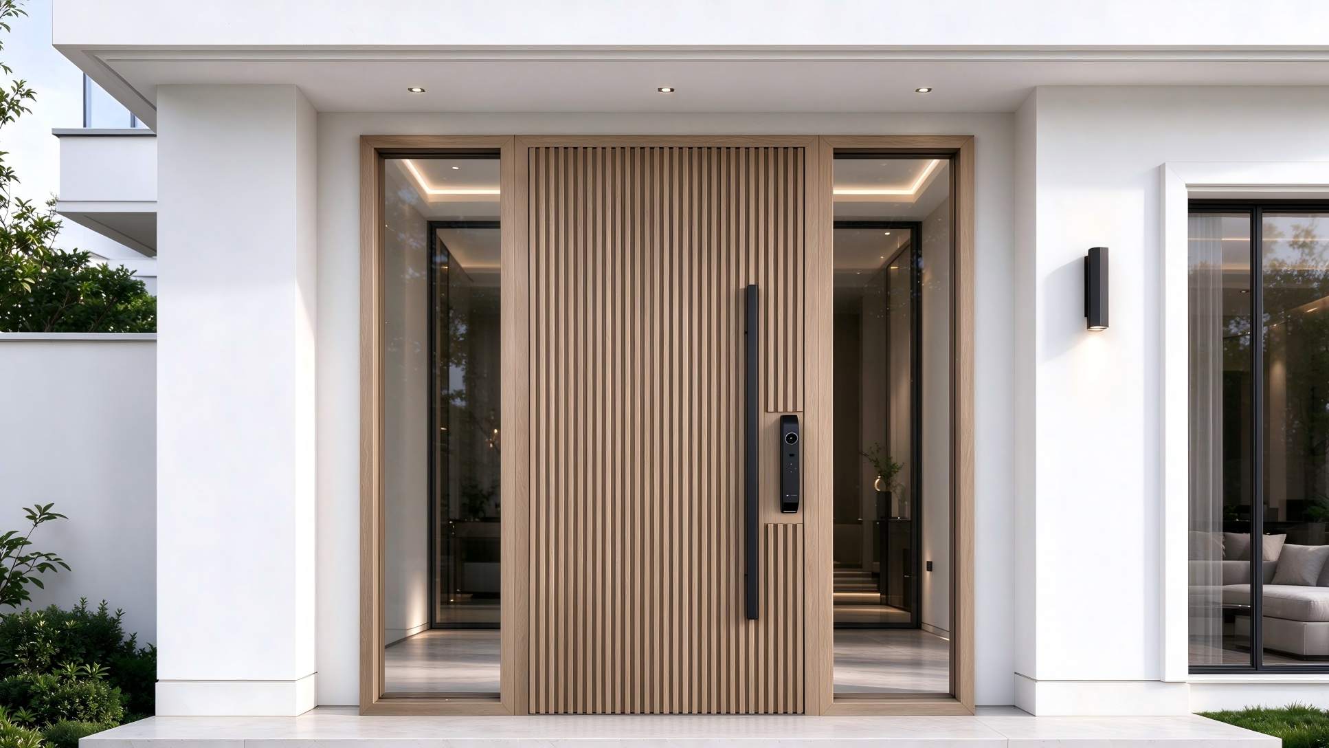 Porte d'entrée en aluminium à effet bois et verre teinté : un projet de rénovation de villa moderne en Australie